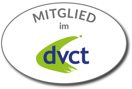 Oval logo reading MITGLIED and dVCT with green and blue text on white background.